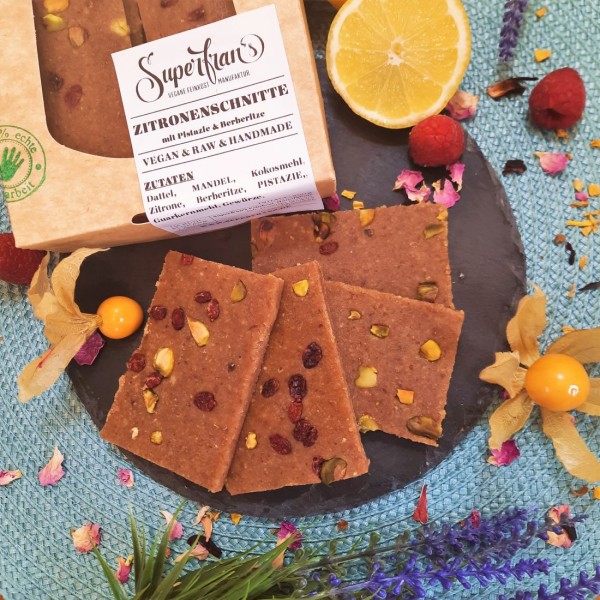 Zitronenschnitte mit Pistazie, 180g | Vegan, zuckerfrei & Rohkost