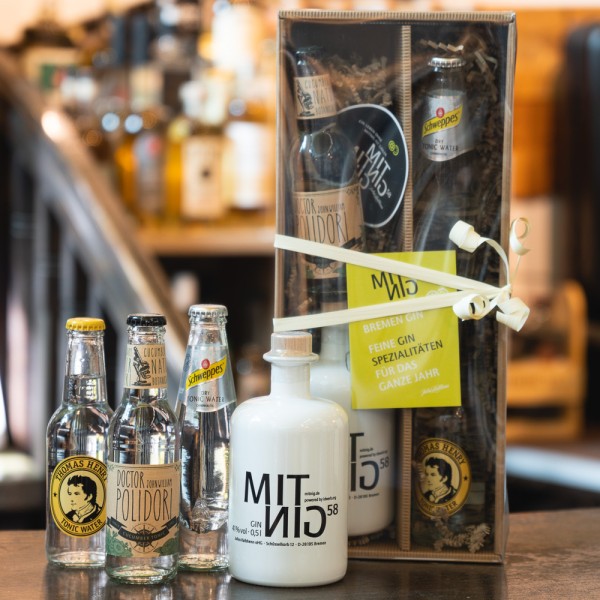 MITNIG 58 Gin mit Tonic im Geschenkeset, verpackt in Karton mit Sichtfenster