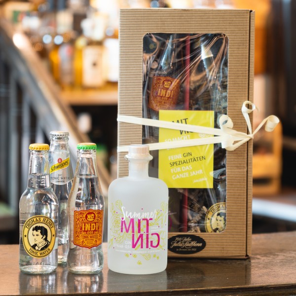 MITNIG Summer Gin mit passendem Tonic im Geschenkeset, verpackt in Karton mit Sichtfenster